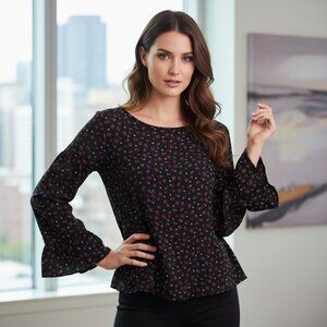 Loft S Women's Black Blue Red Floral Tie Back Bell Sleeve Top Boho Whimsigoth